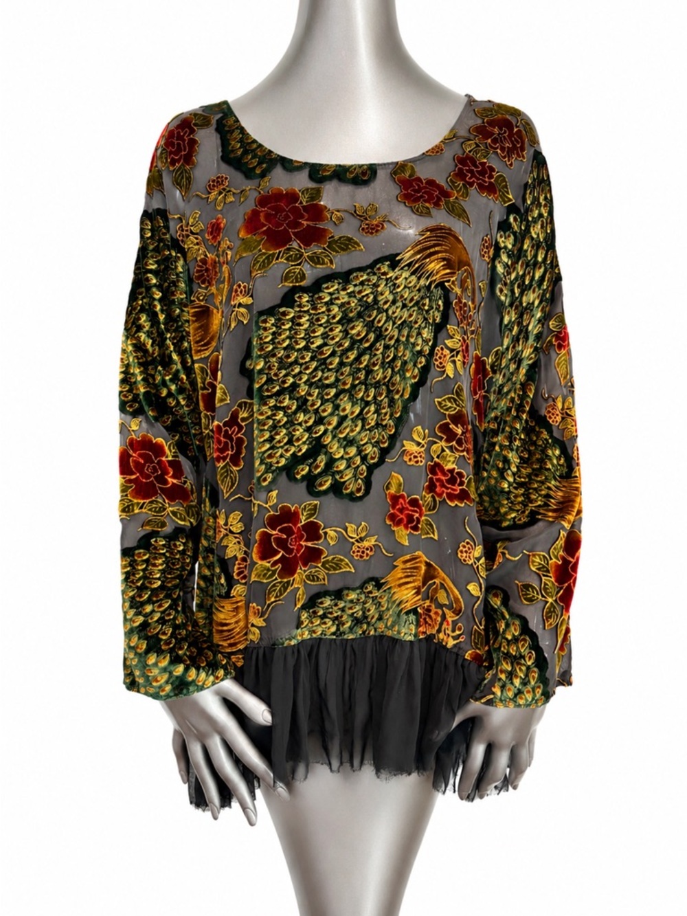 URU NWT Silk Rayon Velvet Burnout Peacock Floral Sheer Ruffle Tunic Sz 2